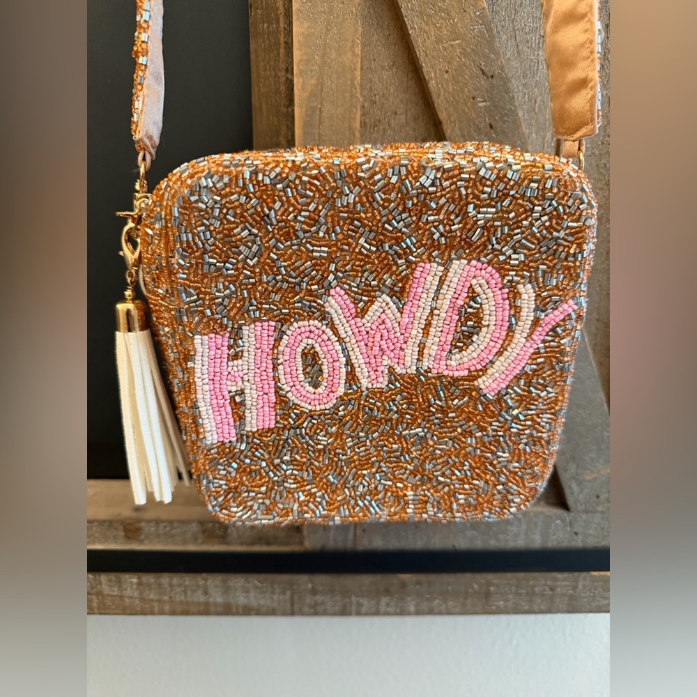 Altar'd State Beaded 'Howdy' Crossbody Bag - Pink on Gold